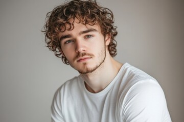 Obraz premium Young man with curly hair wearing a white shirt poses thoughtfully in a neutral-toned setting