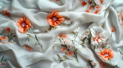 Delicate embroidered fabric featuring vibrant orange and white floral patterns on a soft, sheer background.