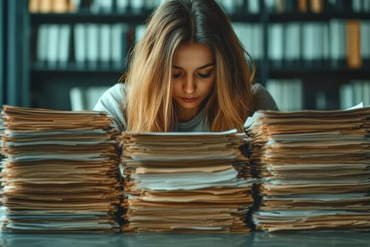 A person who arranges office documents into neat stacks. Generative AI
