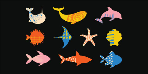 Colorful Textured Vector Silhouettes of Sea Animals