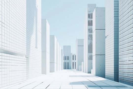 A background of white squares arranged in an urban style, with a clear sky blue as the main color tone. The overall composition is simple and clean, with geometric shapes of various sizes on both side