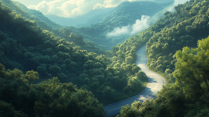 Winding mountain road through lush green forest with misty hills in the background