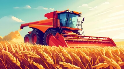 Obraz premium A vibrant orange combine harvester in a golden wheat field under a bright sky.