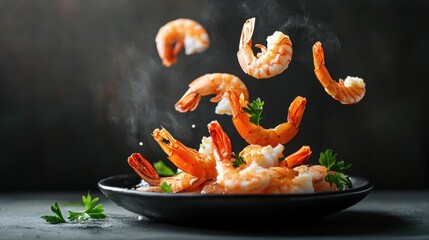 Steaming Hot Cooked Shrimp on Black Plate.
