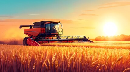 Fototapeta premium A modern red combine harvester operates in golden wheat fields at sunset, capturing the essence of agricultural productivity.