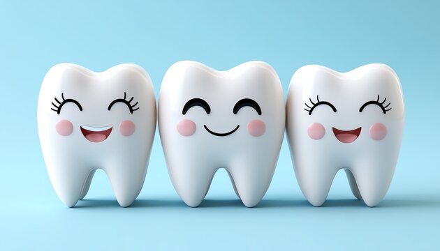 Happy 3D teeth with a smiling face, blue background, concept of dental health and hygiene, clean and healthy teeth, modern cartoon dental care design