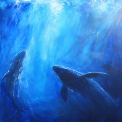 Fototapeta premium Ocean's Embrace Two Whales in Deep Blue Waters