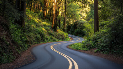 Obraz premium Winding asphalt road surrounded by lush green forest and sunlight filtering through tall trees