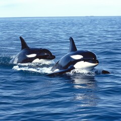 Obraz premium Orca Whales Mother and Calf Swimming in Ocean Waters