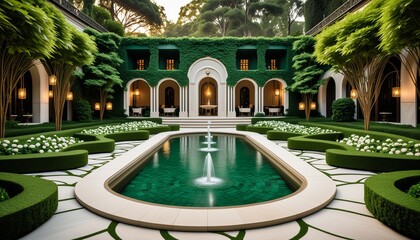Luxurious courtyard oasis with lush greenery and elegant architecture