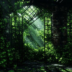 Fototapeta premium Overgrown Garden Gateway Sunlit Ruins and Lush Foliage