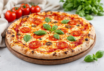 pizza with salami and tomatoes