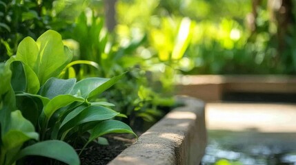 A serene garden scene featuring various thriving plants, showcasing natural transpiration, soil moisture retention, and abundant greenery for a tranquil and flourishing environment.