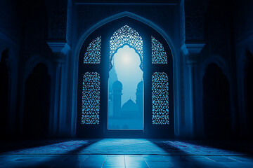 Arabic-style window, dark blue background wall with light shining through the center of the screen to form an Arabic arch and mosque in front of it, mysterious atmosphere