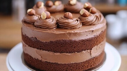 Delicious Chocolate Cake with Hazelnuts on a Wooden Table
