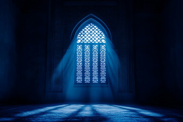Arabic-style window, dark blue background wall with light shining through the center of the screen to form an Arabic arch and mosque in front of it, mysterious atmosphere