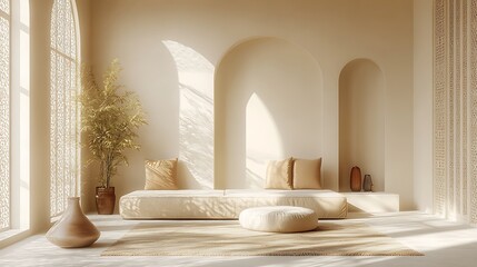 Elegant Ramadan mockup in a serene living room with light beige walls and minimalist Islamic patterns