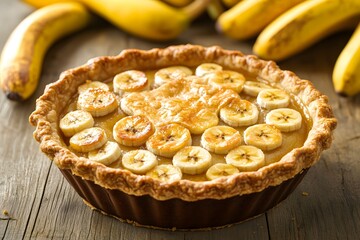 A delicious banana pie topped with sliced bananas, surrounded by fresh bananas.
