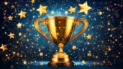 Golden trophy surrounded by glittering stars, symbolizing victory and achievement.