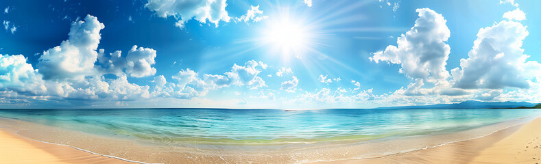 Obraz premium A beautiful beach with clear blue water, white clouds, and bright sun shining on the calm ocean. Perfect for summer vacation and travel poster designs.