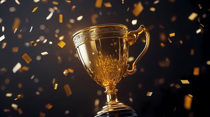 A gleaming gold trophy with a decorative base, surrounded by a shower of golden confetti.