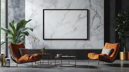 Floating black frame on a marble background, luxury setting
