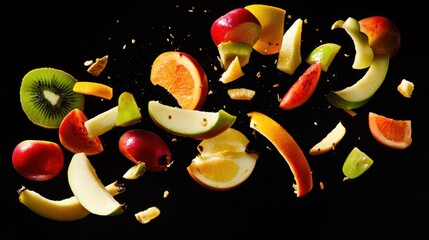 Exploding Fruit Salad Vibrant Slices of Apple, Kiwi, Orange, and More in Mid-Air Against a Black Background.