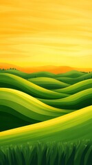 Obraz premium A serene landscape with rolling hills in shades of green under a bright yellow sky, conveying a sense of peace and harmony, with a calm and harmonious atmosphere that invites relaxation.