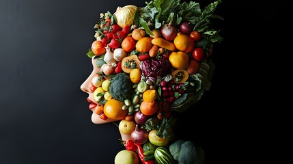 A vibrant, artistic representation of a female silhouette adorned with fresh fruits and vegetables, showcasing health and creativity.