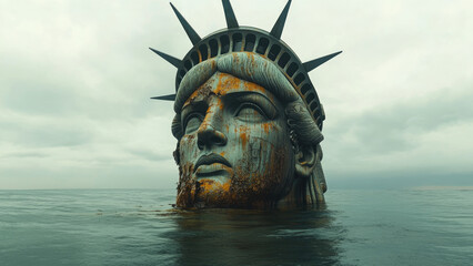 Iconic Symbol of Freedom Partially Sunken in Rising Waters