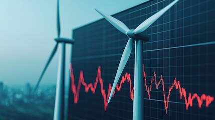 The image features wind turbines with a digital energy graph, symbolizing renewable energy and its data trends.
