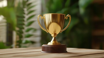 A gleaming gold trophy sits on a wooden surface, symbolizing achievement and success with a lush green background.