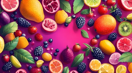 A vibrant assortment of fresh fruits including berries, citrus, and tropical varieties, arranged artistically on a pink backdrop.