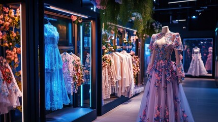 Elegant Evening Gown Display in Chic Fashion Boutique Surrounded by Floral Decor and Stylish Apparel Under Soft Blue Lighting