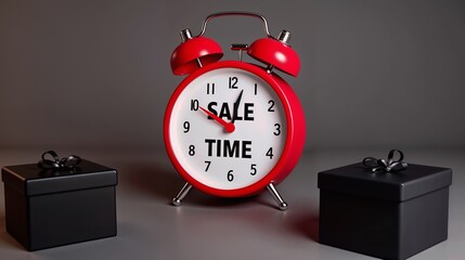 Naklejka premium Red alarm clock with sale time written on it next to two black gift boxes