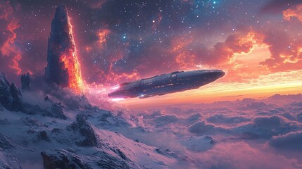 Futuristic spaceship is flying over snowy mountains and an erupting volcano at sunset in an alien planet with pink and purple nebulae and stars
