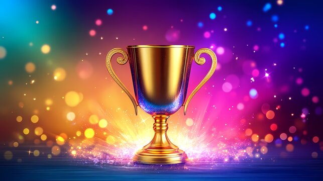 Shiny golden trophy on a vibrant, colorful background celebrating achievement and success.