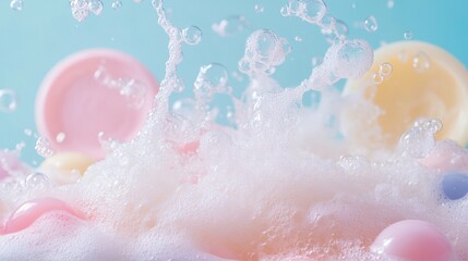 Fototapeta premium Pastel bath bombs dissolving in bubbly water.
