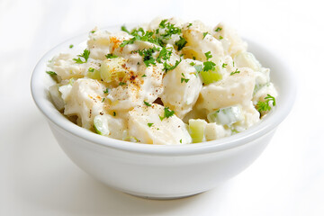 Creamy potato salad with celery and mayonnaise in a bowl isolated on white background
