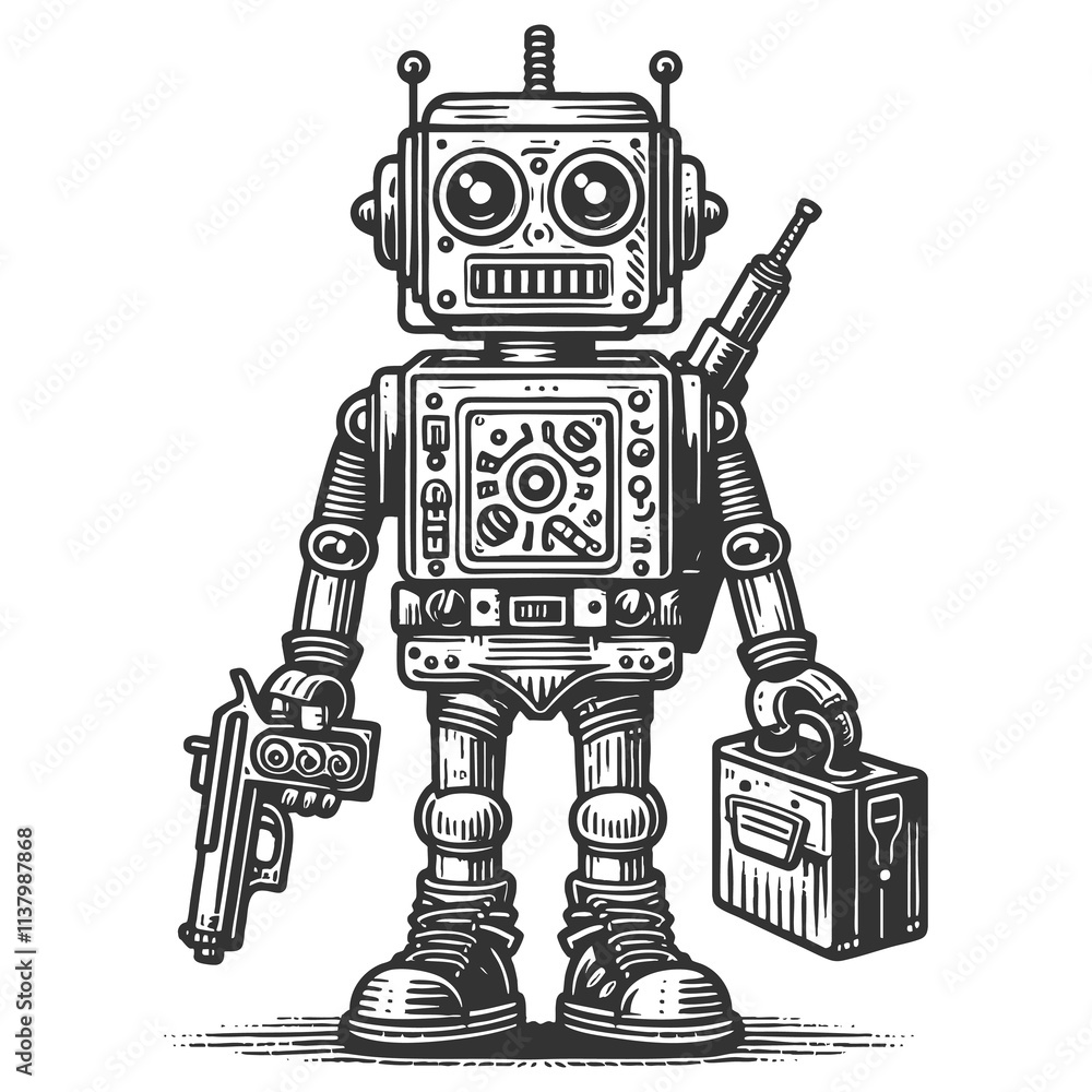 Poster robot holding a ray gun and toolbox, featuring intricate mechanical details and a playful designsket