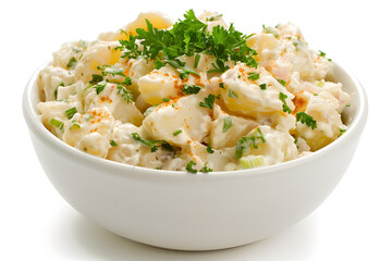 Refreshing potato salad with celery and creamy mayonnaise in a bowl isolated on white background