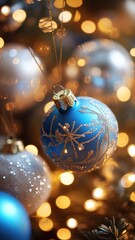 Glowing hristmas string lights garland and balls creating a festive atmosphere on dark blue gold colors New Year background. Vectical format