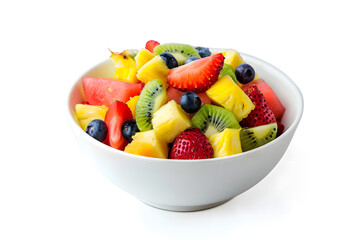 Refreshing fruit salad with fresh colorful fruits in a bowl isolated on white background