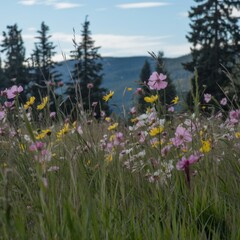 bright and cheerful watercolor scene of a blooming meadow in spring, with wildflowers and distant rolling hills