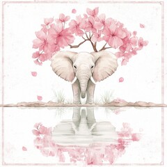 Serene Elephant Beneath a Cherry Blossom Tree