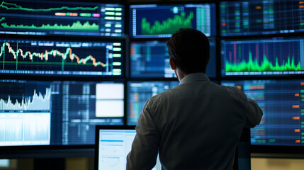 Fototapeta premium Stock market analyst monitoring multiple financial data screens with performance charts