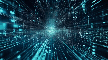 Abstract futuristic digital data stream with glowing blue particles and motion effect