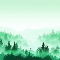 Fototapeta premium Serene Misty Mountain Solitude A Lone Figure in Green Forest