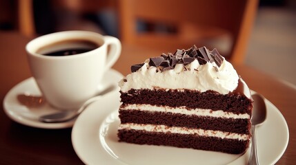 Indulgent Chocolate Cake Slice Next to a Cup of Black Coffee