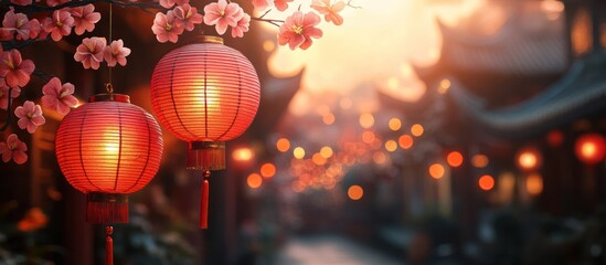 Obraz premium Illuminated red lanterns hang from a blossoming tree branch in a sunlit Asian street.